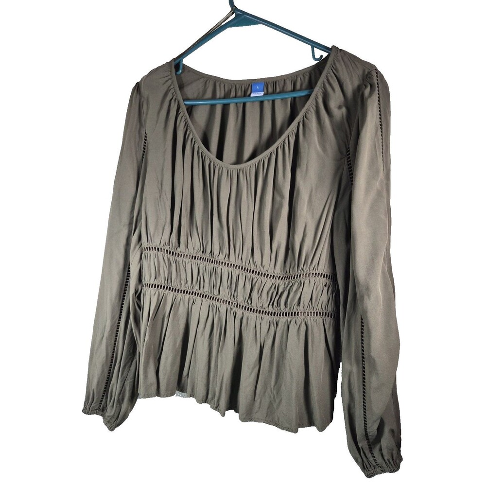 Old Navy Olive Green Peplum Smocked Top Long Sleeve Lace Accent Juniors Size L